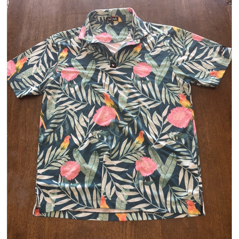Bad Birdie Parrot Floral Golf Polo Mens L  Green Tropical Performance Hawaiian